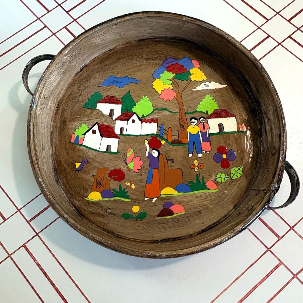 Vintage Hand Painted Folk Art Metal Tray Village Scene Round 14" Handles